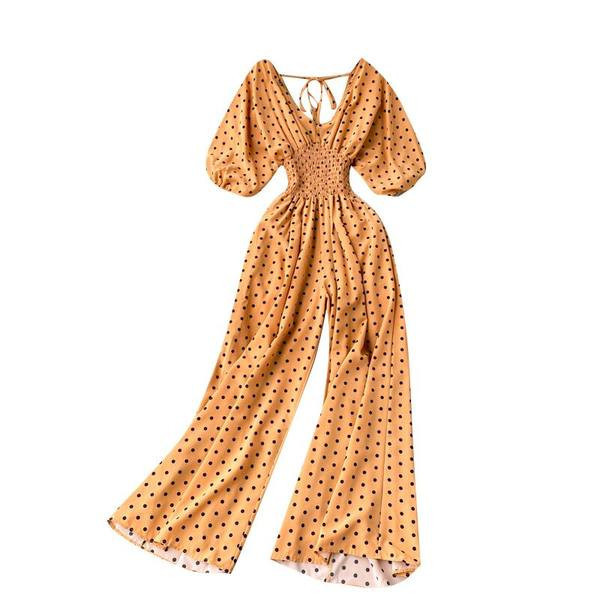 Salopetă casual de damă cu buline, cu decolteu spitz