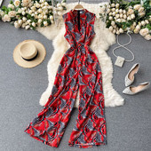 Šareni ženski kombinezon sa špic izrezom - široki model