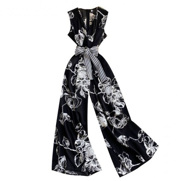 Salopetă de damă modernă cu centură în dungi și decolteu spitz