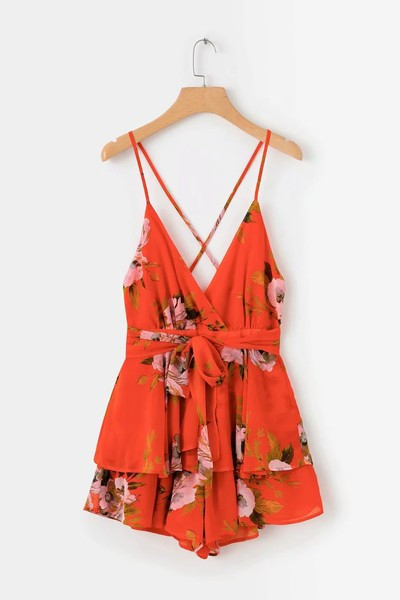 Salopeta scurta in rosu cu model floral