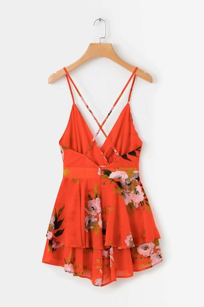 Salopeta scurta in rosu cu model floral