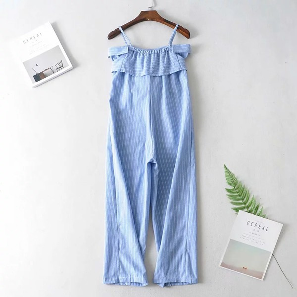 Salopeta de vara cu dungi cu centura albastra