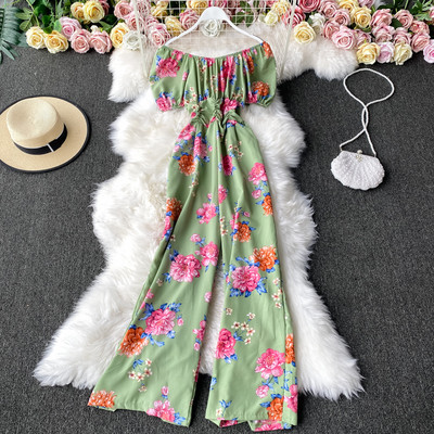 Salopetă lungă de damă cu model floral și mâneci scurte