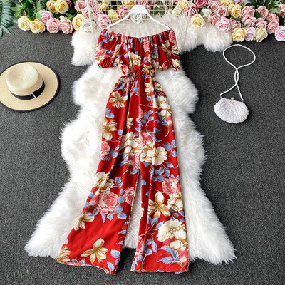 Salopetă lungă de damă cu model floral și mâneci scurte