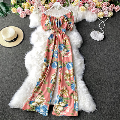 Salopetă lungă de damă cu model floral și mâneci scurte