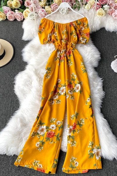 Salopetă lungă de damă cu model floral și mâneci scurte