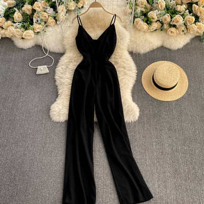 Nou model de salopetă lungă de damă cu bretele subțiri și decolteu spitz