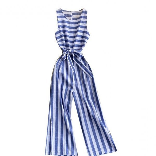 Ležerni ženski prugasti kombinezon s okruglim izrezom i remenom
