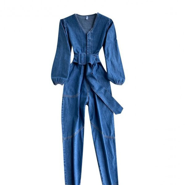 Καθημερινή γυναικεία τζιν ολόσωμη φόρμα με λαιμόκοψη και ζώνη