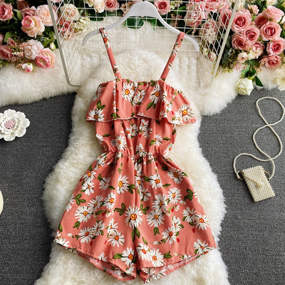 Salopeta scurta de dama cu model floral si bretele