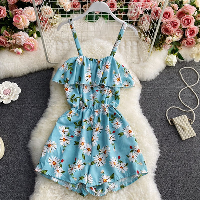 Salopeta scurta de dama cu model floral si bretele