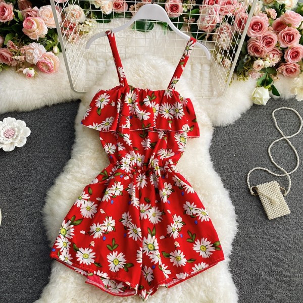 Salopeta scurta de dama cu model floral si bretele