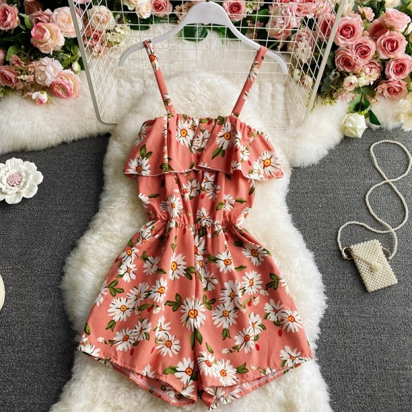 Salopeta scurta de dama cu model floral si bretele