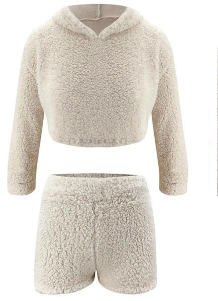 Set elegant de bluză scurtă de damă, cu glugă și pantaloni scurți