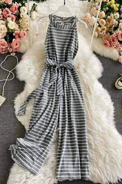 Ikdienas sieviešu svītrains kombinezons ar jostiņu un apaļu kakla izgriezumu