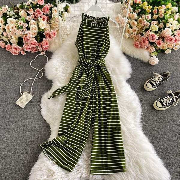 Ikdienas sieviešu svītrains kombinezons ar jostiņu un apaļu kakla izgriezumu