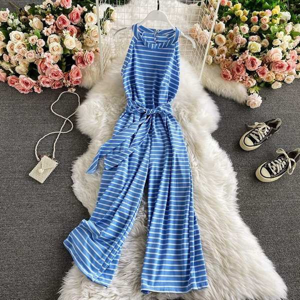 Ikdienas sieviešu svītrains kombinezons ar jostiņu un apaļu kakla izgriezumu