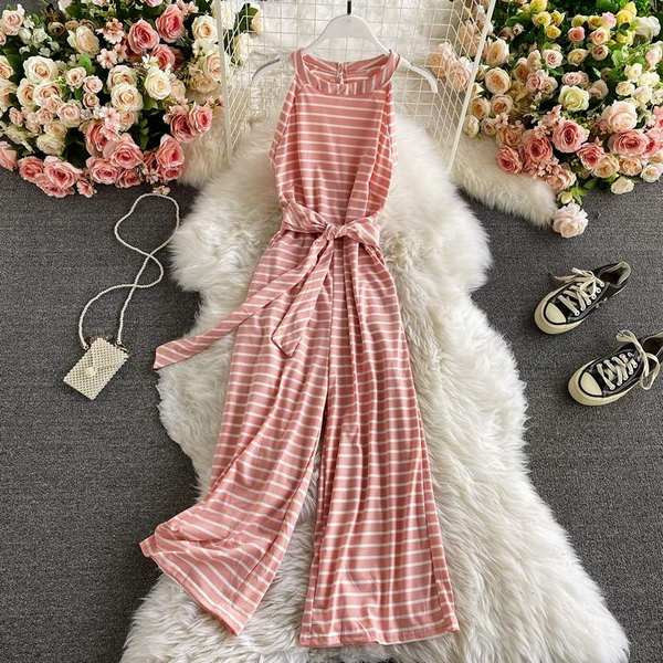 Ikdienas sieviešu svītrains kombinezons ar jostiņu un apaļu kakla izgriezumu