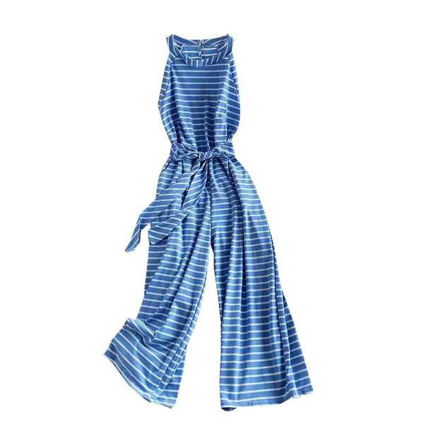 Ikdienas sieviešu svītrains kombinezons ar jostiņu un apaļu kakla izgriezumu