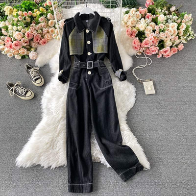 Ženski traper kombinezon s klasičnom kragnom i remenom