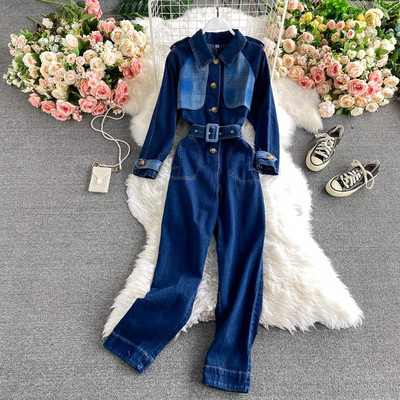 Ženski traper kombinezon s klasičnom kragnom i remenom