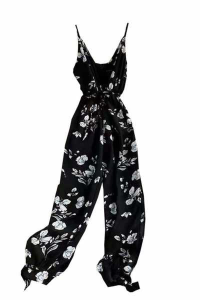 Salopeta casual de dama cu bretele subtiri si motive florale