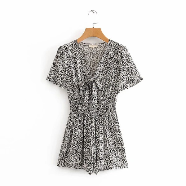 Salopetă casual de vară, cu decolteu și panglică