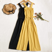 Salopetă lungă de damă cu legături în talie și bretele