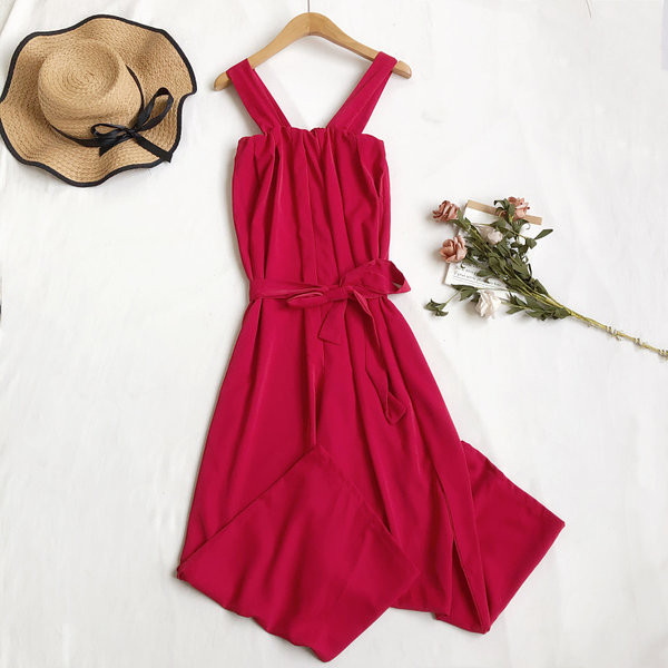 Salopetă lungă de damă cu legături în talie și bretele