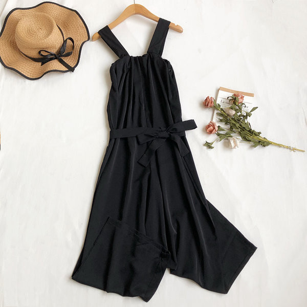 Salopetă lungă de damă cu legături în talie și bretele