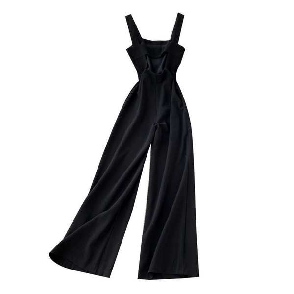 Salopeta de dama moderna cu bretele si picioare late in negru