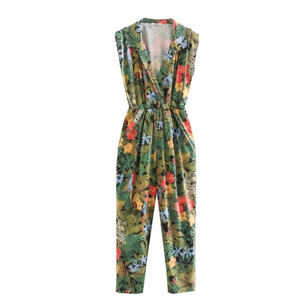 Μακρύ γυναικεία ολόσωμη φόρμα με λαιμόκοψη και λουλουδάτο μοτίβο