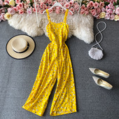 Salopetă lungă de damă cu model floral și bretele