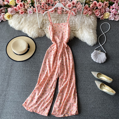 Salopetă lungă de damă cu model floral și bretele