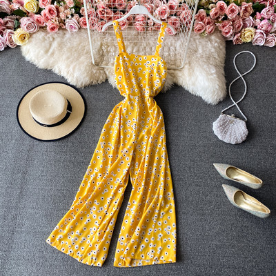 Salopetă lungă de damă cu model floral și bretele