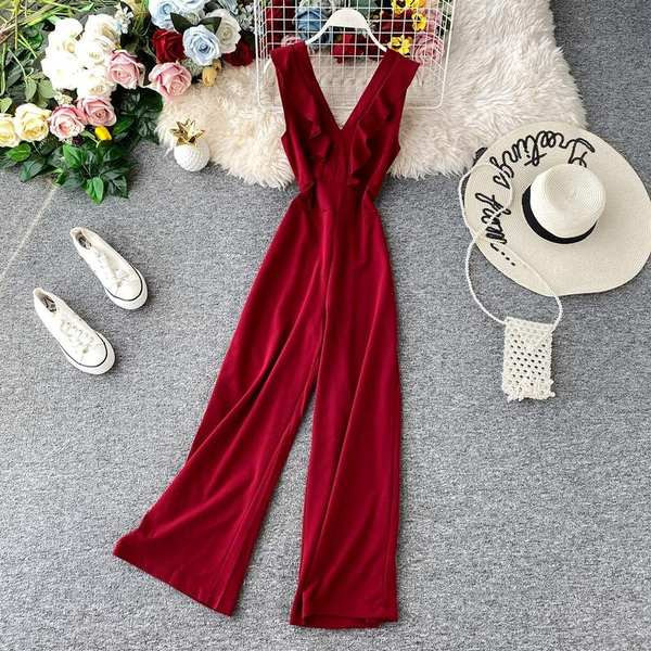 Salopetă lungă de damă model nou, cu decolteu spitz și bucle