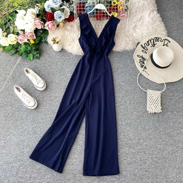 Salopetă lungă de damă model nou, cu decolteu spitz și bucle