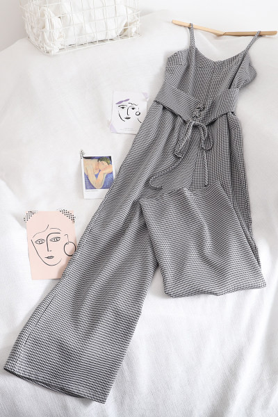 Salopeta lunga de dama cu cravate si bretele subtiri