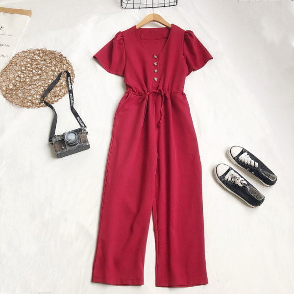 Model nou de salopeta dama cu nasturi si cravate in talie