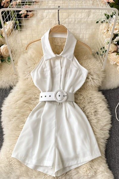 Salopeta de dama model nou cu guler si curea de culoare bila si negru