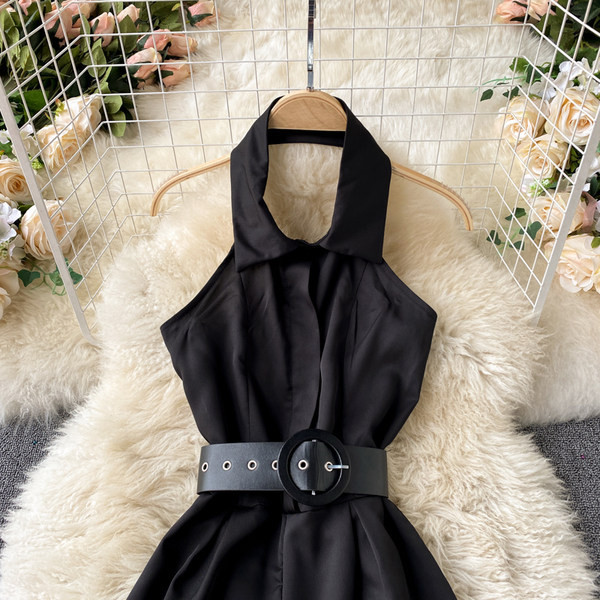 Salopeta de dama model nou cu guler si curea de culoare bila si negru