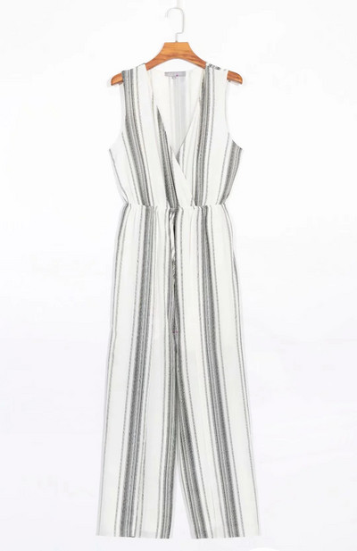 Salopetă casual cu dungi, cu decolteu adânc și talie elastică