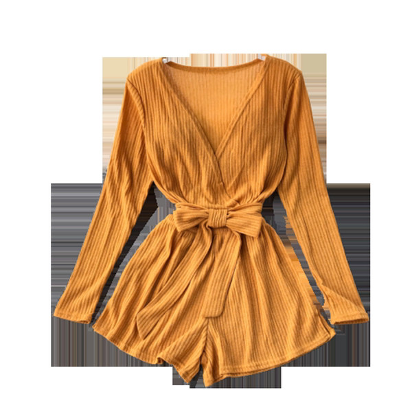 Γυναικεία κοντή ολόσωμη φόρμα με κορδέλα και μακριά μανίκια