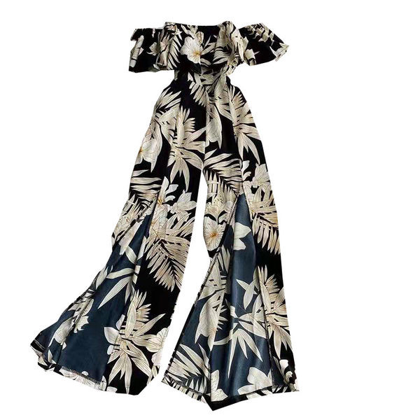 Dugi ženski kombinezon sa cvjetnim uzorkom i kratkim rukavima