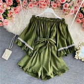 Salopetă scurtă de damă cu mâneci lotus și curea în talie