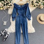 Salopetă casual de damă, cu decolteu barcă și mâneci lungi din denim