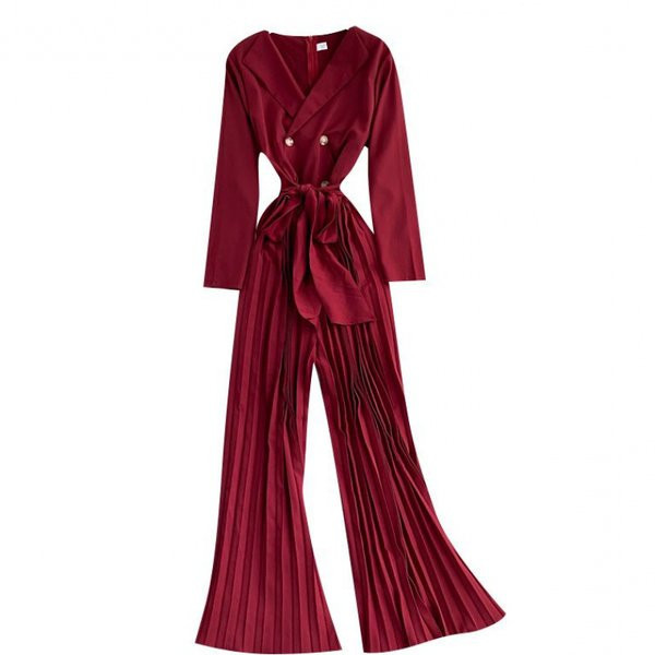 Salopetă de damă modernă cu decolteu spitz și picioare plisate