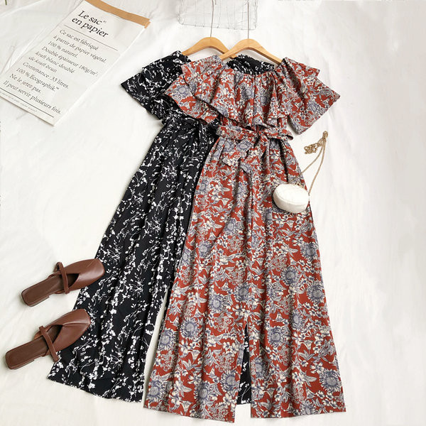 Γυναικεία μοντέρνα ολόσωμη φόρμα με λουλουδάτο μοτίβο και ζώνη στη μέση