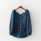 Salopetă modernă din denim, cu nasturi și mâneci lungi