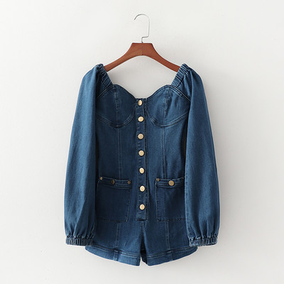 Salopetă modernă din denim, cu nasturi și mâneci lungi